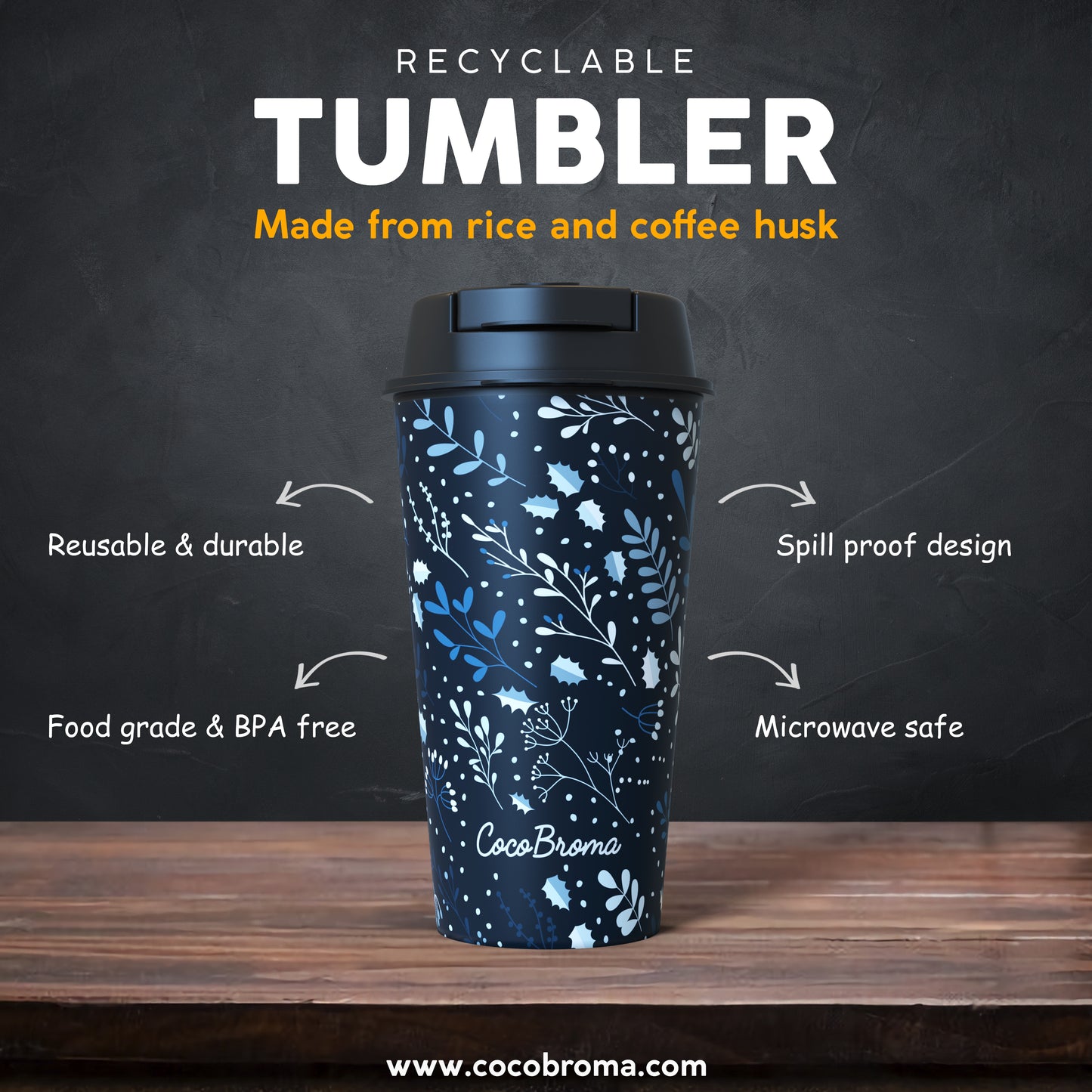 Eco friendly Cocobroma Coffee Tumbler: Doodle Blue