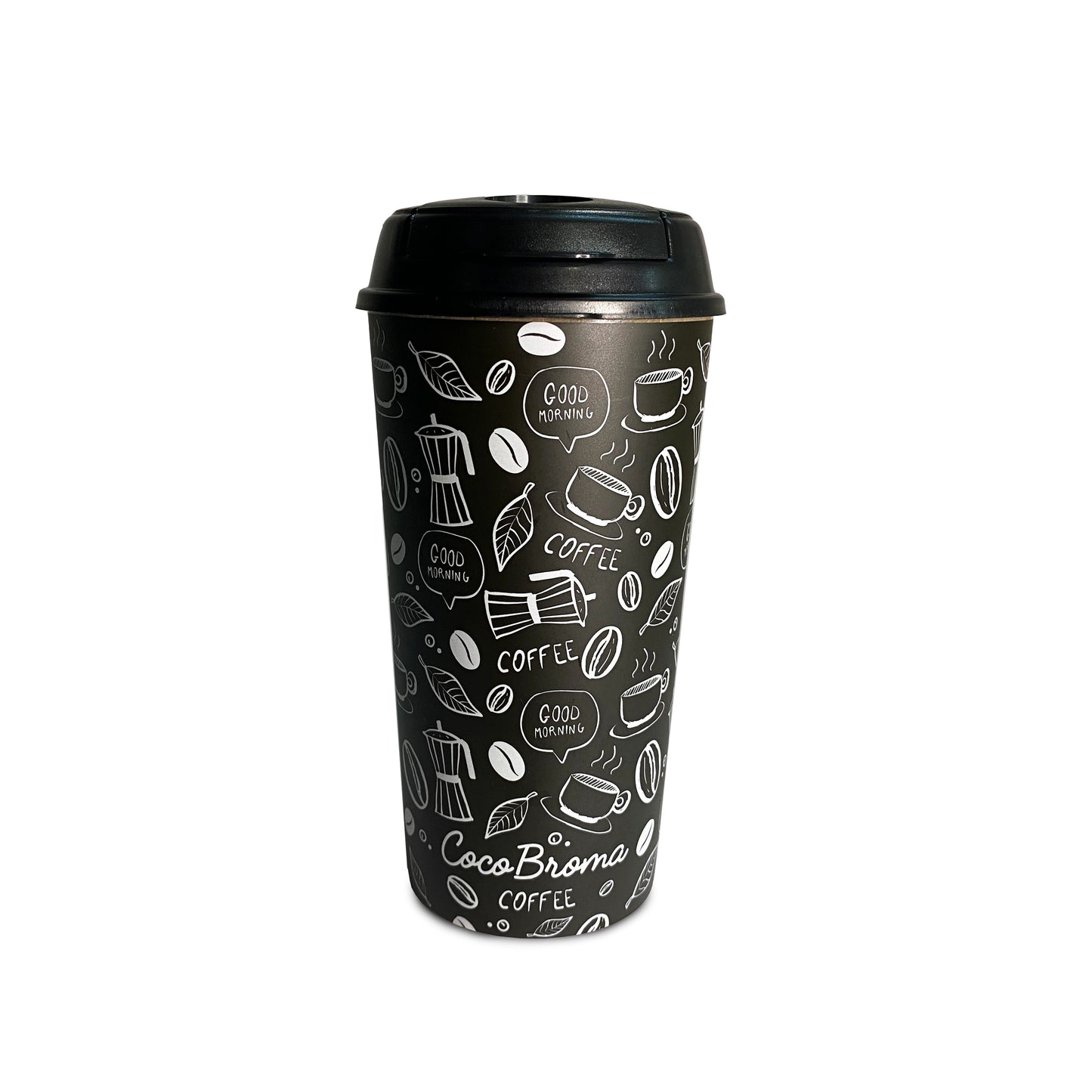 Eco friendly Cocobroma Coffee Tumbler:  Black & White Coffee Doodle