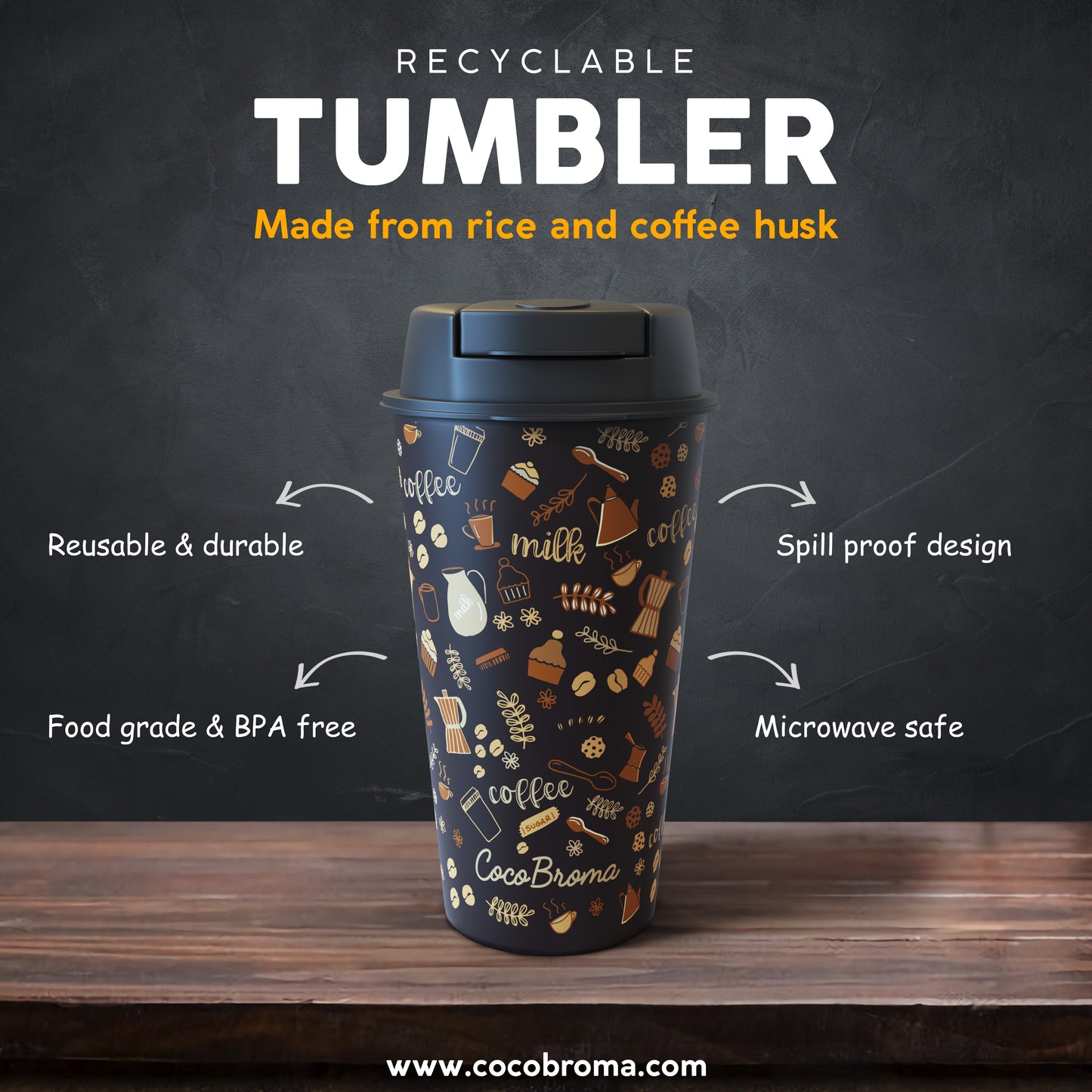 Eco friendly Cocobroma Coffee Tumbler: Dark Brown Coffee Doodle