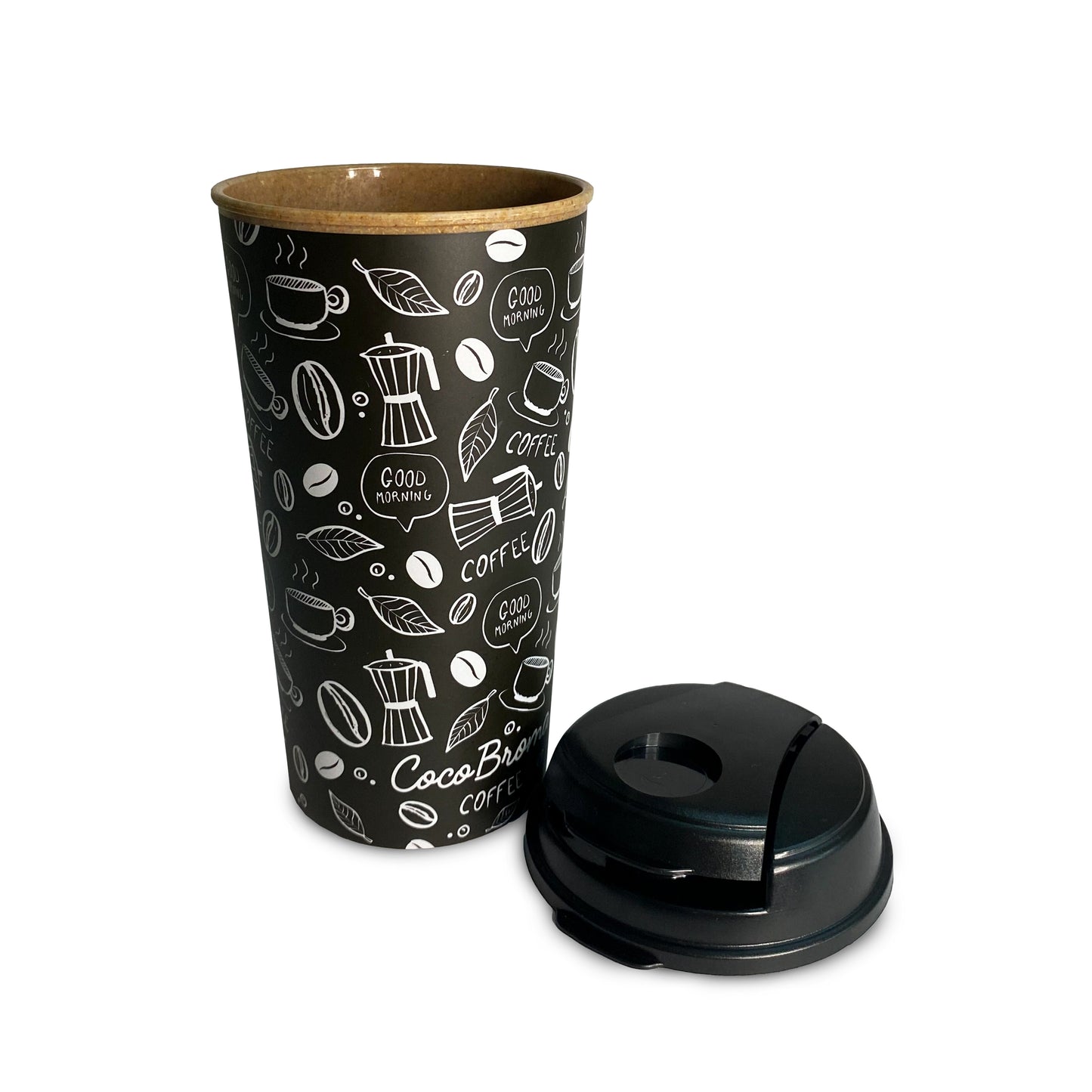 Eco friendly Cocobroma Coffee Tumbler:  Black & White Coffee Doodle